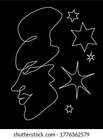 Abstract woman face on a black background with stars. Vector graphics. Monochrome drawing.