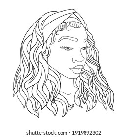 Abstract woman face one line drawing. Portrait minimalistic style. Modern abstract face black line on white isolated. Minimalism concept of african women face, long hear. Face line art drawing style