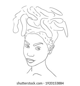 Abstract woman face one line drawing. Portrait minimalistic style. Modern abstract face black line on white isolated. Minimalism concept of african women face, long hear. Face line art drawing style