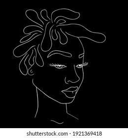 Abstract woman face one line drawing. Portrait minimalistic style. Modern abstract face white line on black. Minimalism concept of african women face, long hear. Face line art drawing style