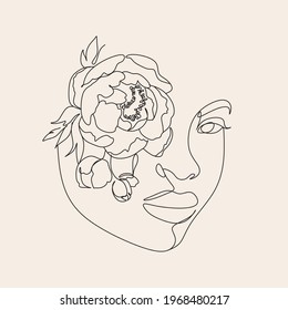 Abstract woman face with peonies. Peony line drawing head. Minimalist surreal art
