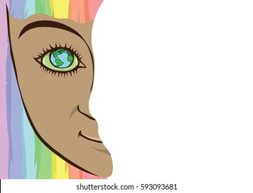 Abstract woman face. Portrait of a woman and eye with earth. Design concept for earth day.