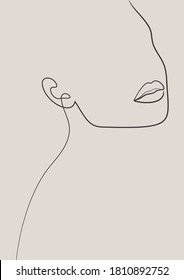 Abstract woman face portrait in minimalistic one line style. Female wall print. Body art poster. Modern model girl sketch template in pastel color.