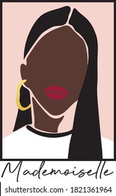 Abstract Woman Face Print - Hand Drawn Vector - Black Girl with Gold Earrings Portrait Pattern 