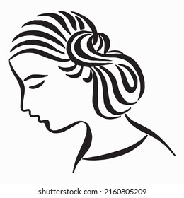 Abstract Woman Face In Profile Line Art. Portrait Of A Girl In Profile Linear Drawing. Calligraphy Image. 