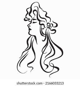 Abstract woman face in profile line art. Woman beauty fashion concept, minimalistic style. Portrait of a girl in profile linear drawing. Calligraphy image. 