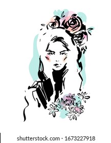 Abstract woman face with roses black and white ink drawing sketch.