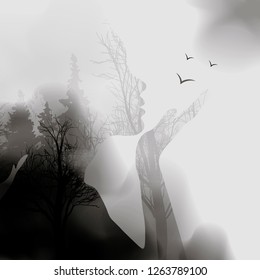 abstract Woman face silhouette. ink effect Forest background.Vector double exposure illustration.Woman face and beautiful nature landscape inside. fog in the forest. 10eps