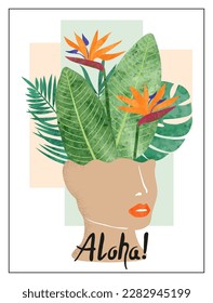 Abstract woman face with tropical leaves and flowers. Vector tropic illustration. Aloha print