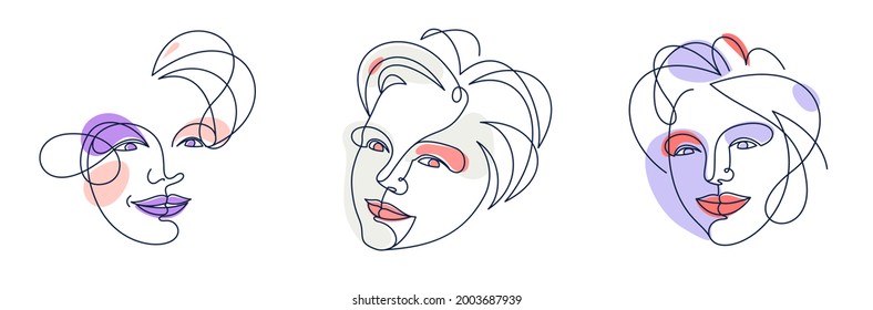 Abstract woman face vector artwork set, modern trendy lady portrait art, hand drawn surreal beauty, minimal artistic design, painted sur human head.