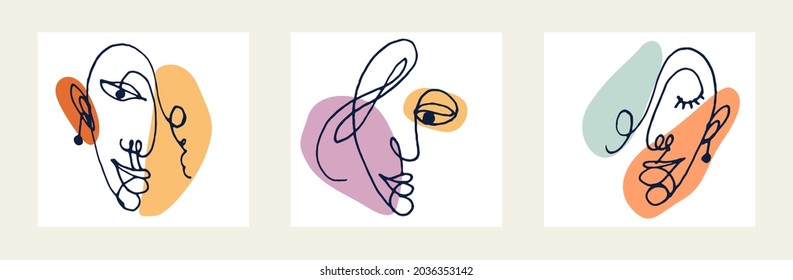 Abstract woman face vector artwork set, modern trendy lady portrait art, hand drawn surreal beauty, minimal artistic design, painted sur human head.