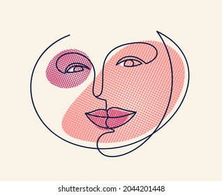 Abstract woman face vector artwork, modern trendy lady portrait art, hand drawn surreal beauty, minimal artistic design, painted sur human head.