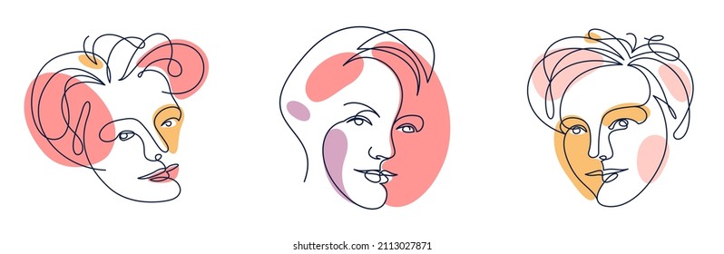 Abstract woman face vector artwork set, modern trendy lady portrait art, hand drawn surreal beauty, minimal artistic design, painted sur human head.