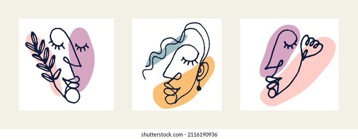 Abstract woman face vector artwork set, modern trendy lady portrait art, hand drawn surreal beauty, minimal artistic design, painted sur human head.