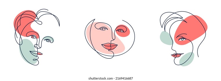 Abstract woman face vector artwork set, modern trendy lady portrait art, hand drawn surreal beauty, minimal artistic design, painted sur human head.