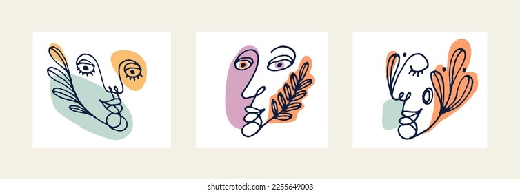 Abstract woman face vector artwork set, modern trendy lady portrait art, hand drawn surreal beauty, minimal artistic design, painted sur human head.