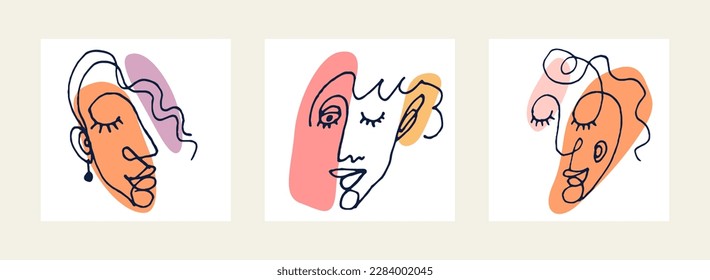 Abstract woman face vector artwork set, modern trendy lady portrait art, hand drawn surreal beauty, minimal artistic design, painted sur human head.