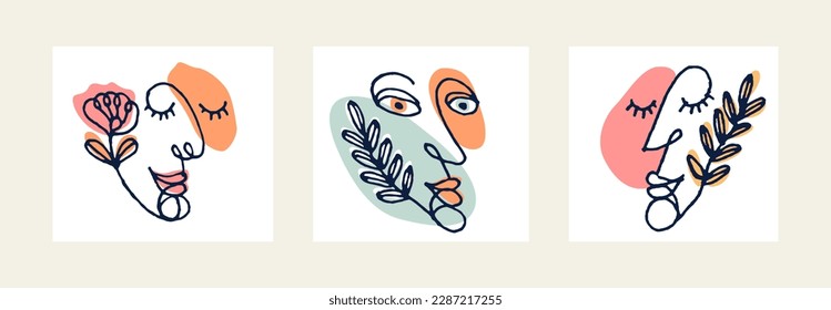 Abstract woman face vector artwork set, modern trendy lady portrait art, hand drawn surreal beauty, minimal artistic design, painted sur human head.