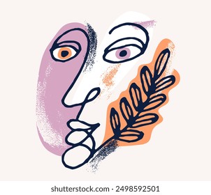 Abstract woman face vector artwork, modern trendy lady portrait art, hand drawn surreal beauty, minimal artistic design, painted sur human head.