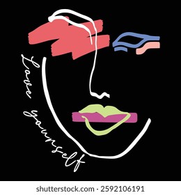 Abstract woman face watercolor inspirational quotes hand drawn illustration for t shirt print, Vintage cartoon style, linear drawing of a face sketch, Colored print for clothes textile and other uses