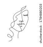Abstract woman face with wavy hair. Black and white hand drawn line art. Outline vector illustration.