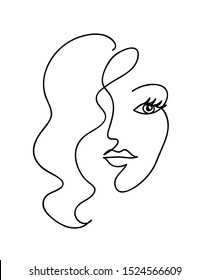 Abstract woman face with wavy hair. Black and white hand drawn line art. Outline vector illustration.