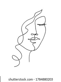 Abstract woman face with wavy hair. Black and white hand drawn line art. Outline vector illustration.