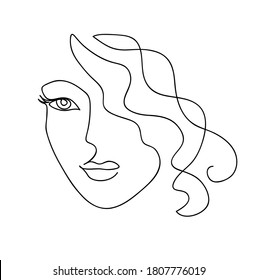 Abstract woman face with wavy hair. Black and white hand drawn line art. Outline vector illustration.