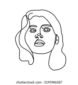 Abstract woman face with wavy hair. Black and white hand drawn line art. Outline vector illustration.
