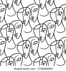 Abstract woman faces, eyes, lips, necks vector seamless pattern. White background.