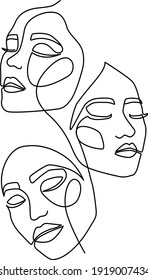 Abstract woman faces line art. Minmalistic vector illustration. Black and white. White background. One line drawing.