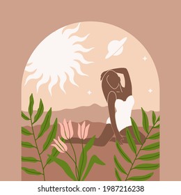 Abstract woman fashion magic silhouette in simple boho style for branding on decorative space background with sun and planets. Young pretty girl sitting among leaves. Vector flat summer illustration