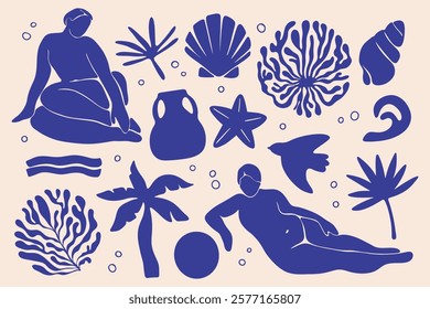 Abstract woman figure art. Modern female silhouette minimalist style, organic woman body floral sea shapes mid century vintage design. Vector isolated set