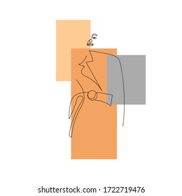 Abstract woman figure in coat, continuous line art design icon, colored shapes, minimalistic vector illustration.