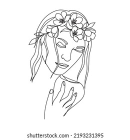 Abstract woman  with flowers. Line art female hands with butterflies. One line vector drawing. Portrait minimalistic style. Botanical print. Nature symbol of cosmetics.