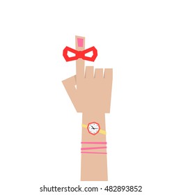 abstract woman forefinger like reminder. concept of memo, red tape on index finger, deadline, calendar, palm, exclamation. flat style trend graphic logo design vector illustration on white background
