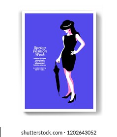 Abstract woman in full height, wearing black dress and hat, with umbrella in her hand. Vector illustration