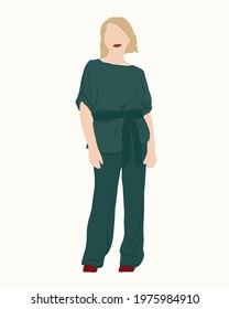 Abstract woman in full size. Stylish green pantsuit. beauty and fashion. Concept of feminism and freedom. Vector boho illustration in minimalist style.