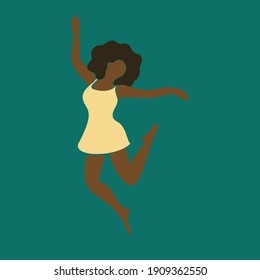 Abstract woman full-length portrait. Jumping afro american black skin girl in small dress. Happiness body expression, Vector illustration contemporary art