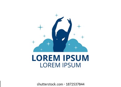 Abstract woman, girl doing gymnastic exercise icon.  gym Elegant gym sport fitness logo design vector template with cloud background