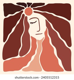 Abstract woman with hair groovy abstract flower and sun beautiful face art. Organic doodle shapes in trendy naive retro hippie 60s 70s style. Contemporary poster