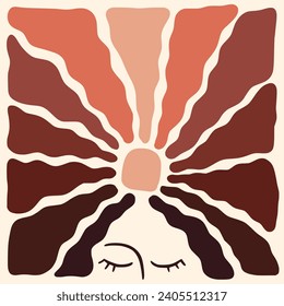 Abstract woman with hair groovy abstract flower and sun beautiful face art. Organic doodle shapes in trendy naive retro hippie 60s 70s style. Contemporary poster