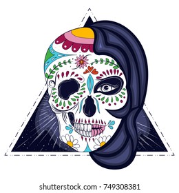 Abstract woman with half face skull hand drawn vector illustration isolated on white background. Mystic and scary female portrait with floral and geometric ornaments, day of the dead, dia de muertos