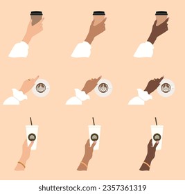 abstract woman hand with coffee cup, different skin tones, isolated vector illustration