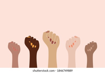 Abstract woman hands. Girl power movement mix tace, feminism concept contemporary style. Female raised fist. Vector illustration.