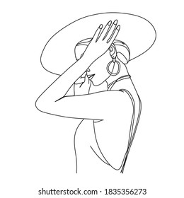 Abstract woman with hat with by line art vector drawing. Portrait minimalistic style.  Beaty salon logo. 
