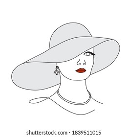 Abstract woman with hat with by line art vector drawing. Portrait minimalistic style. Beaty salon logo.