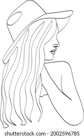 Abstract woman with hat with by line art vector drawing. Portrait minimalistic style. Beaty salon logo.