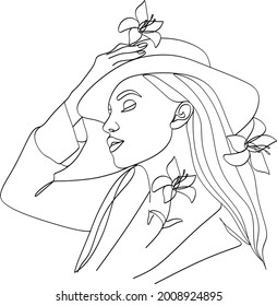 Abstract woman with hat with by line art vector drawing. Portrait minimalistic style. Beaty salon logo.Nature symbol of cosmetics.