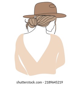 Abstract woman in a hat. One  line art.Vector drawing. Portrait minimalistic style.  Beaty salon logo. 